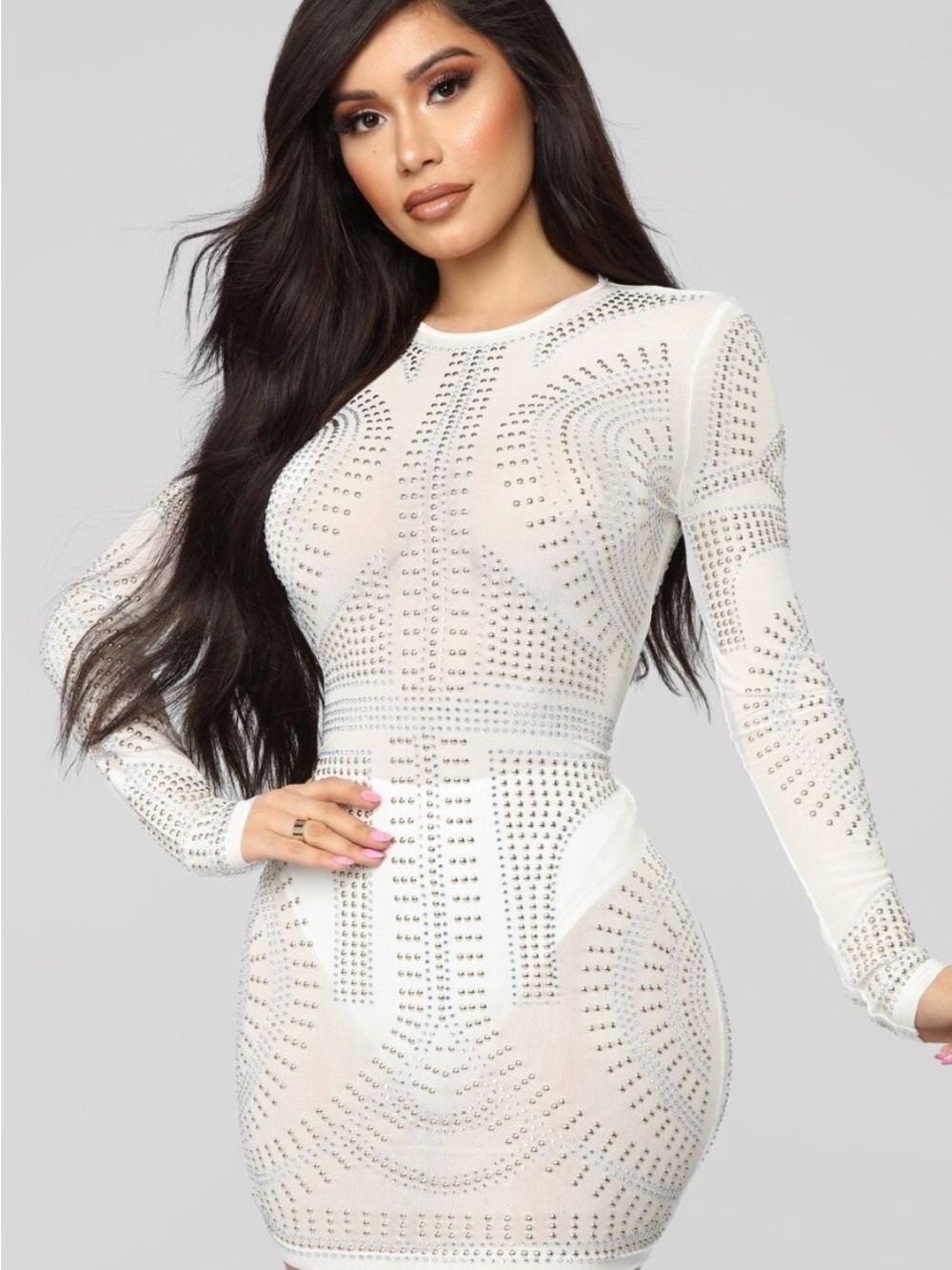 Fashion Nova White Studded Long Sleeve Bodycon Dress
